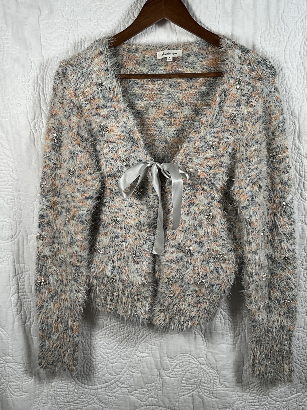Another Love Fuzzy Tie-Front Cardigan in Gray with Peach Flecks